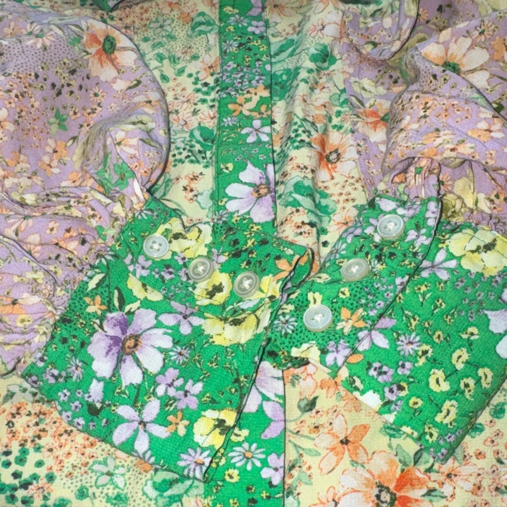 Loft Floral Patchwork Button-Up Blouse Green Purp… - image 6
